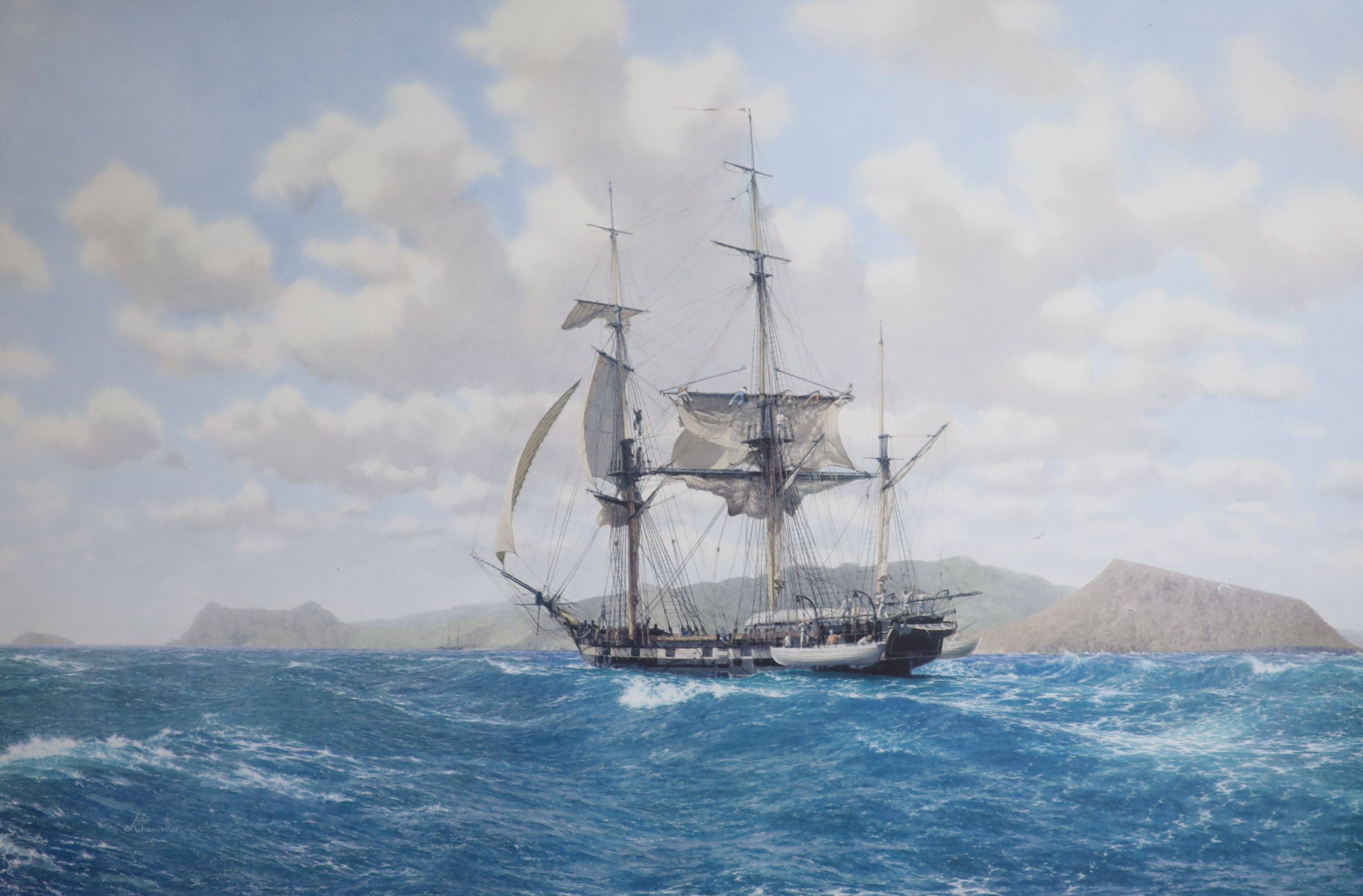 John Chancellor, signed colour print, HMS Beagle in the Galapagos, 52 x 74cm